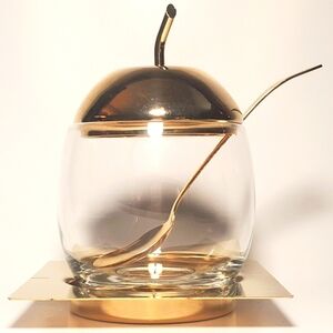 24k Gold Plated Vtg Glass Sugar Bowl with Spoon & Tray Apple Stem Lid Brass MCM